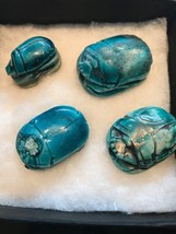 Vintage Lot 4 SCARAB blue stone bead ceramic Amulet Lucky carved 1 inch - £54.19 GBP