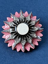 Lucinda Marked Layered Pink &amp; Gray Sparkly Flower w Faux Opal Center Pin Pendant - £15.27 GBP