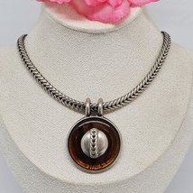 Vintage BEN AMUN Amber Color Lucite Pendant Silver Tone Chain Necklace Choker - £73.03 GBP