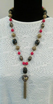 Chunky Beaded Lariat Necklace Chain Tassel / Marbled Beads Red Brown &amp; Gold Tone - £12.02 GBP