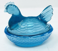 Degenhart Mini Light Blue Glass Chicken Hen On Nest Trinket Box Dish Figure - $21.99