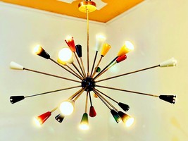 Mid Century Style Brass Sputnik Iconic Chandelier 24 Colorful Cone Italian Light - £239.62 GBP