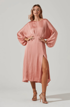 ASTR Womens XS Marin Satin Midi Dress Blush Dolman Sleeves Front Slit Fl... - $65.43