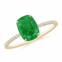 ANGARA Thin Shank Cushion Emerald Ring with Diamond Accents in 14K Gold - £726.07 GBP