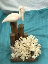 Vtg Beach Handmade Pelican Decoration Real Coral w/Porcelain w Shells Driftwood - £31.48 GBP