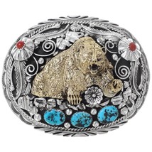 Native Style Turquoise Coral Sterling Silver Belt Buckle, 3-D Gold Bear LRG - $781.11
