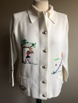 Vtg 41&quot; Bust M Button Front Beige Knit Sweater Golf Embroidery Sport Car... - $29.45