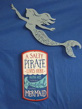 Metal Mermaid &amp; A Salty Pirate Lives Here With HIs... 2pc Metal Sign Set NEW H - £20.47 GBP