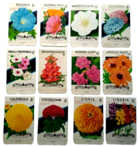 Vintage 1950&#39;s Flower Seed Packs EMPTY Lot 12 Petunia Poppy Moon African... - $19.35