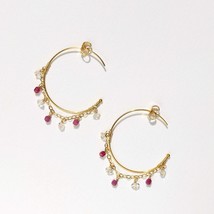 Red Ruby With Herkimer Diamond Crystal American Gold Filled Hoop Earrings Handma - £44.51 GBP