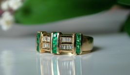 Estate 14K Yellow Gold Finish Emerald &amp; Baguette Diamond Wedding Ring 2.10Ct - £74.13 GBP
