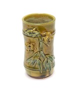 Vintage Studio Art Pottery Frogs Bamboo Majolica Vase Glazed Green Brown... - $49.47