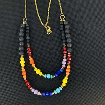 Boho Style Crystal Colorful Lava Rock Double Strand Necklace Gold Tone  Handmade - £31.96 GBP