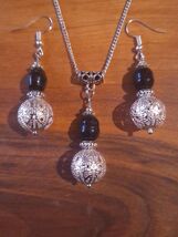 Black pearl Silver jewelry set necklace earrings black freshwater pearls... - $52.00