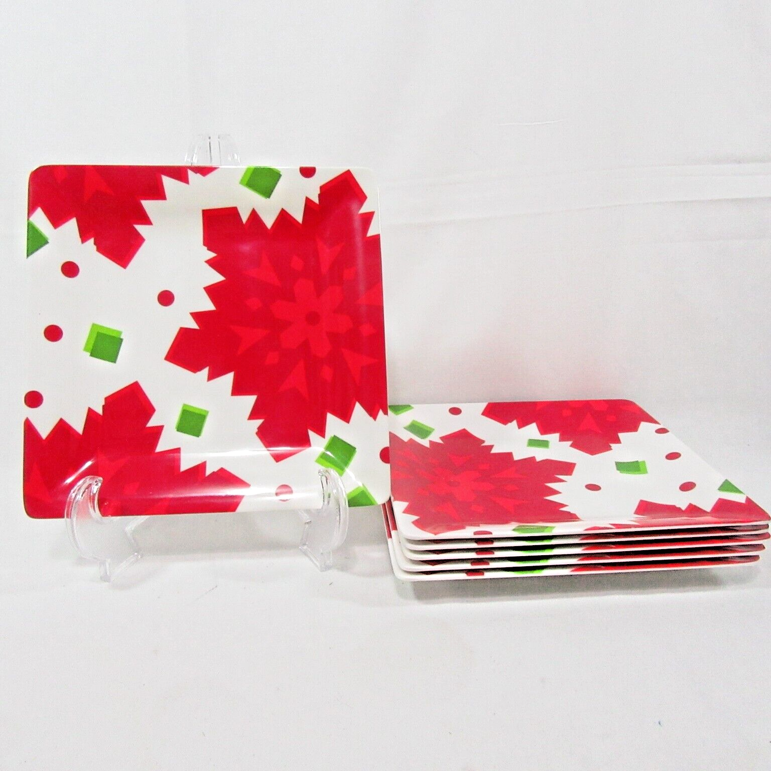 Primary image for Crate and Barrel Red Snowflakes 6-PC Square Melamine Plate Set