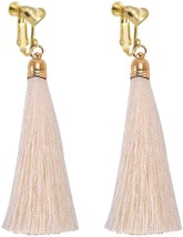 Bohemian Whtie Silk Fringe Thread Clip on Earrings Heart Clips Long Tass... - $38.11