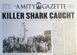 1975 Jaws Amity Island Gazette Killer Shark Caught Print Great White Shark - $3.05