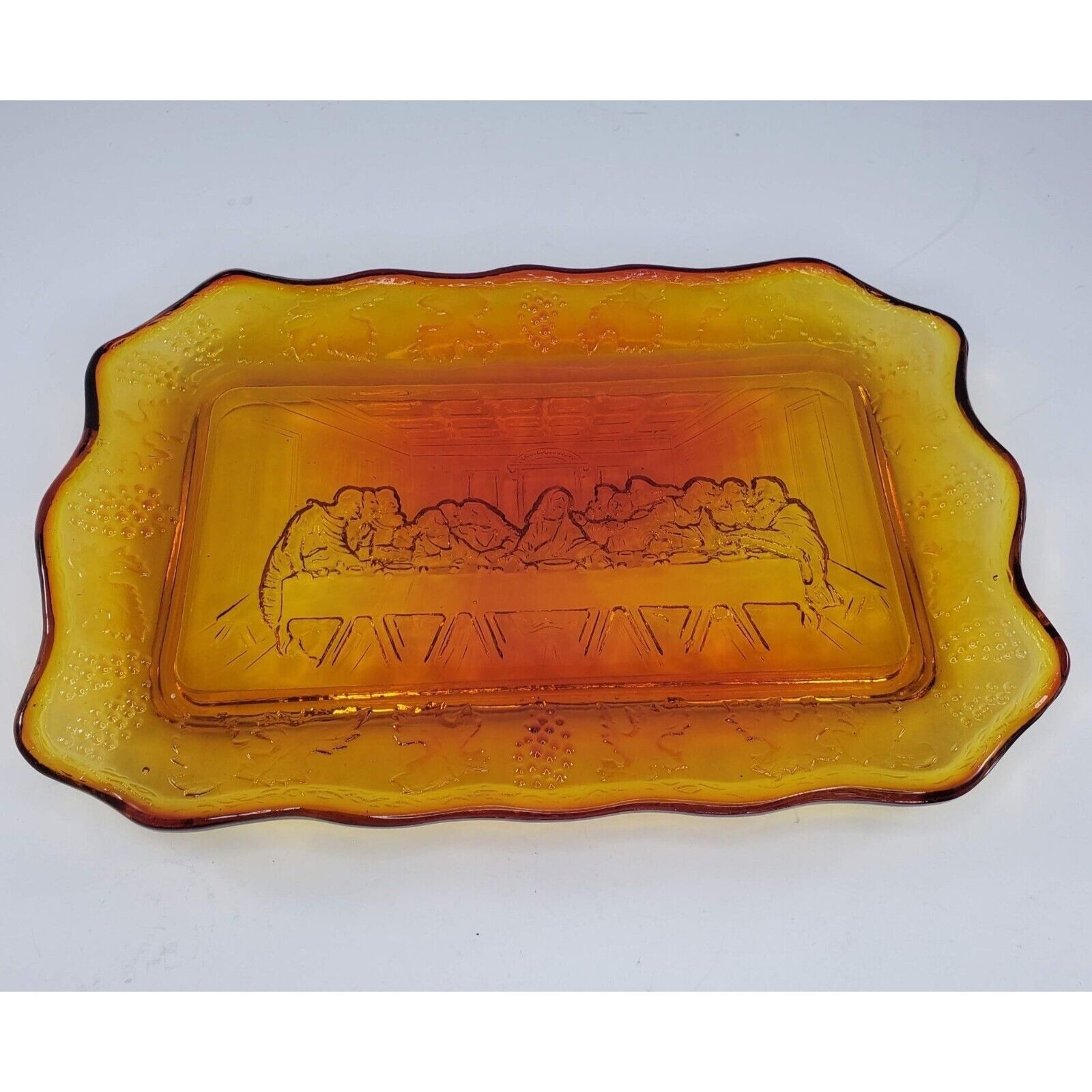 Primary image for Vintage Indiana Glass Last Supper Amberina Glass Bread Plate Dish Tray