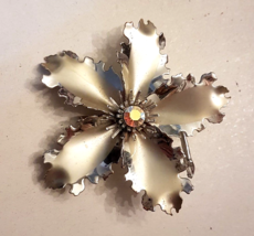 Silver tone Leaf Brooch Huge 3&quot; Aurora Borealis Stone Satin Petals State... - $19.74