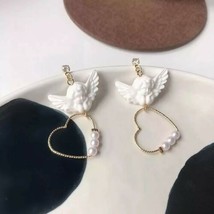 Gold Pearl White Cupid Angel Pendant Fashion Cute Trendy Dangle Drop Earrings - £16.55 GBP