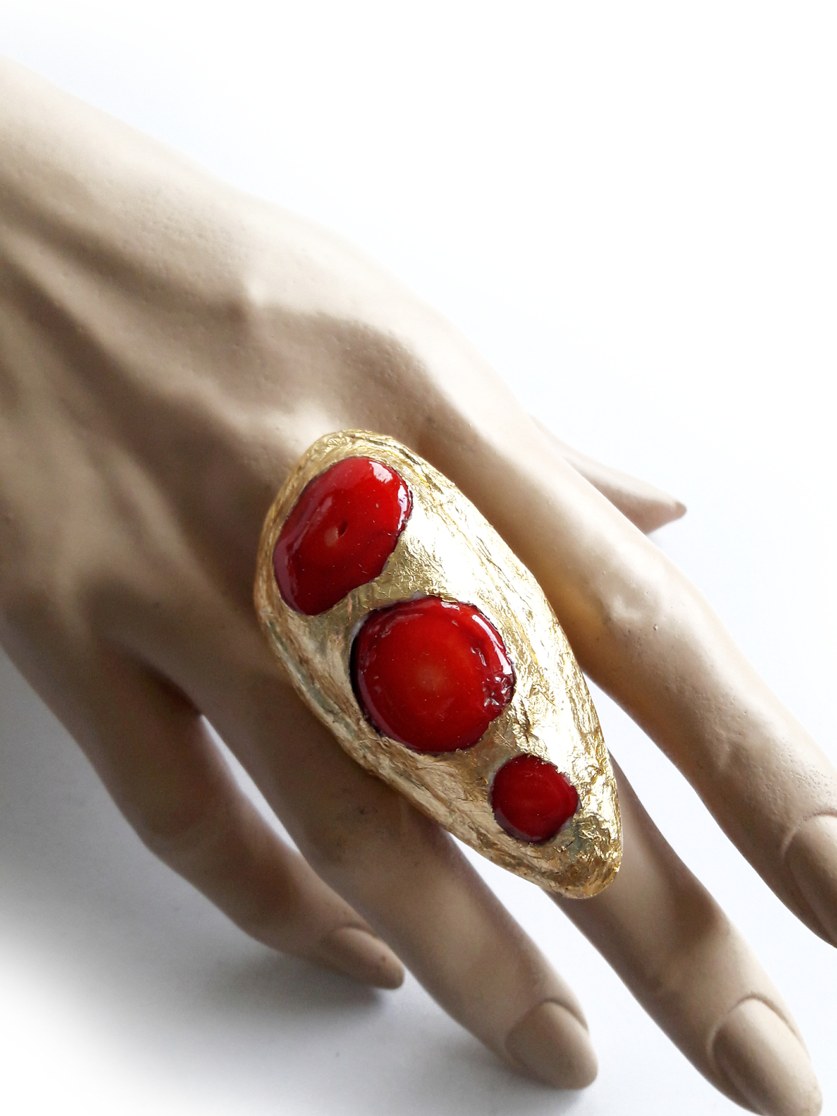 Primary image for Huge Brutalist Ring, Large Red Gold Ring, Triple Stone Ring, Long Huge Ring, 