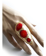 Huge Brutalist Ring, Large Red Gold Ring, Triple Stone Ring, Long Huge R... - $58.00