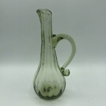 Hand Blown Green Art Glass Pitcher Bud Vase Ribbed Fluted with Handle Vi... - $18.66