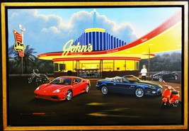 Original Oil Painting by Stan Stokes John&#39;s Diner Ferarri / Jaquar Motor... - $4,995.00
