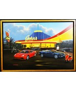 Original Oil Painting by Stan Stokes John's Diner Ferarri / Jaquar Motor Car - $4,995.00