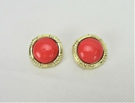 Vintage Costume Jewelry, Gold Tone Setting, Red Plastic Cabochon Earring... - $8.77