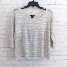 H&amp;M Sweater Womens Medium Beige Silver Striped Shiny Scoop Neck Knit Pullover - £15.61 GBP