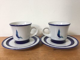 Pair Vtg Noritake Fjord Running Free Blue Sail Boats Stoneware Cups Sauc... - $29.99