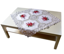 LINEN TABLE Topper with LACE, Embroidery Flower, Rustic Decor, 34x34&#39;&#39; - £43.58 GBP