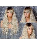 Long Light Blonde w. Roots Silky Soft wavy Human Hair blend wig w Bangs ... - £64.44 GBP