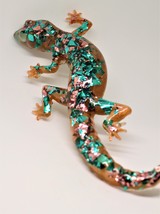 Teal and copper lizard, blue-green &amp; metallic foil gecko, resin reptile  - $16.00