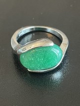 Green Jade Stone S925 Silver Plated Woman Statement Ring Size 5.5 - $14.85