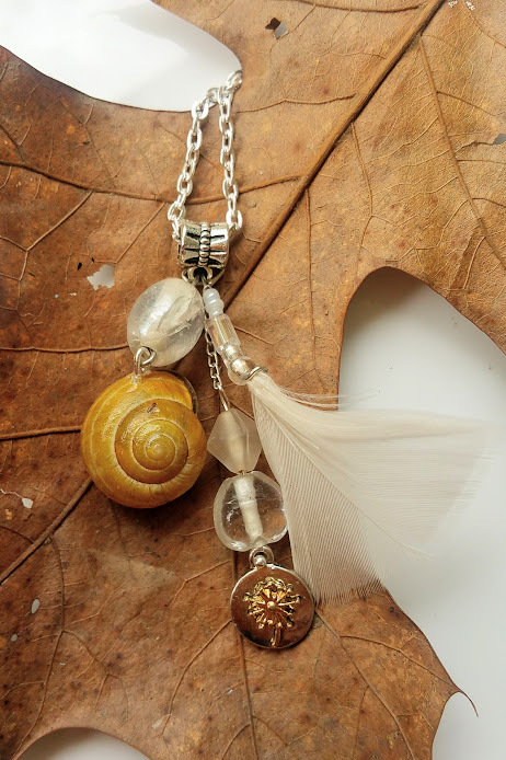 On the Breeze necklace: dandelion charm,  beadwork, chain, & authentic shell - $34.00