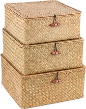 3 Pack Cube Seagrass Storage Bins With Lids, Rattan Woven Decorative Storage - £38.96 GBP