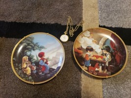 Precious Moments Lot Bundle 2 Bible Plates and gold plated pocket watch & chain - $26.73