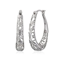 925 Sterling Silver 30mm Oval Vintage Flower Filigree Hoop Earrings For Women - £12.78 GBP