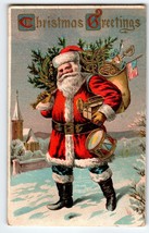 Santa Claus Christmas Postcard Saint Nick With Tree Toy Drum Flag Church 1909 - £12.69 GBP
