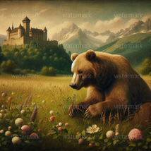 Digital Art Bear in Field Near Castle - $0.99