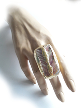 Large Gold Pink Ring, Statement Iridescent, Shell Abalone Ring, Rectangle Gold  - $36.00