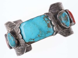 Vintage 7.25&quot; Sterling turqoise/coral cuff bracelet - £372.57 GBP