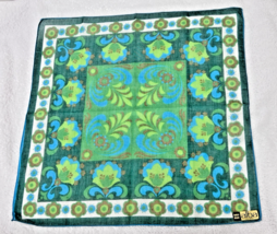 Vintage Cotton Hankie Alba Blue Green Tulip Bursting Flowers 12&quot; Swiss Made - $10.40