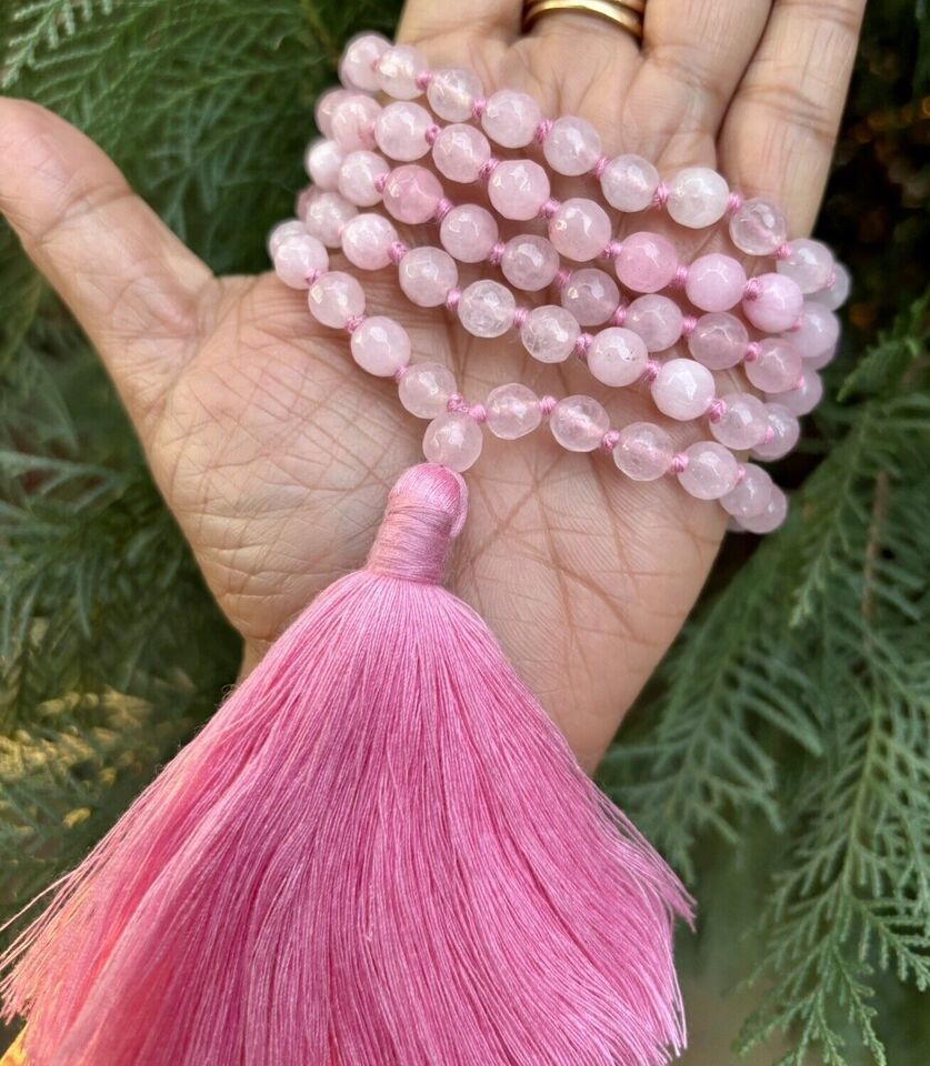 Chapelet Jaap en quartz rose à facettes 8 mm Rnd 108 + 1 perles, Japa Mala...