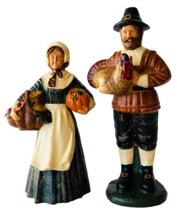 Pilgrim Couple Thanksgiving Figurines Resin Man with Turkey Lady with Pu... - $33.85