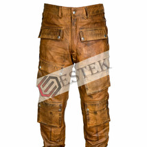 Mens Leather Jeans Pant Trouser Cargo Pockets Cowhide Brown Breeches Side Lacing - £103.66 GBP