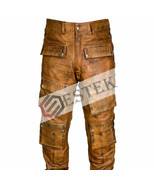 Mens Leather Jeans Pant Trouser Cargo Pockets Cowhide Brown Breeches Sid... - £102.21 GBP
