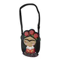 Adorable Black Vinyl Mexican Girl With Flower Crown Crossbody Bag - $20.25